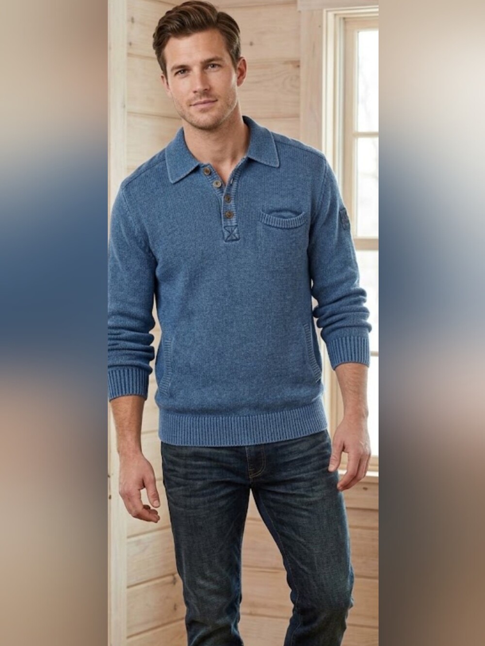 Original Blues Mens Denim Knit Collared Pullover Sweater Blue Size L